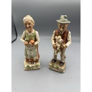 Vintage Elderly Man Woman Figurines Pair Country Scene Dog Apple 7”